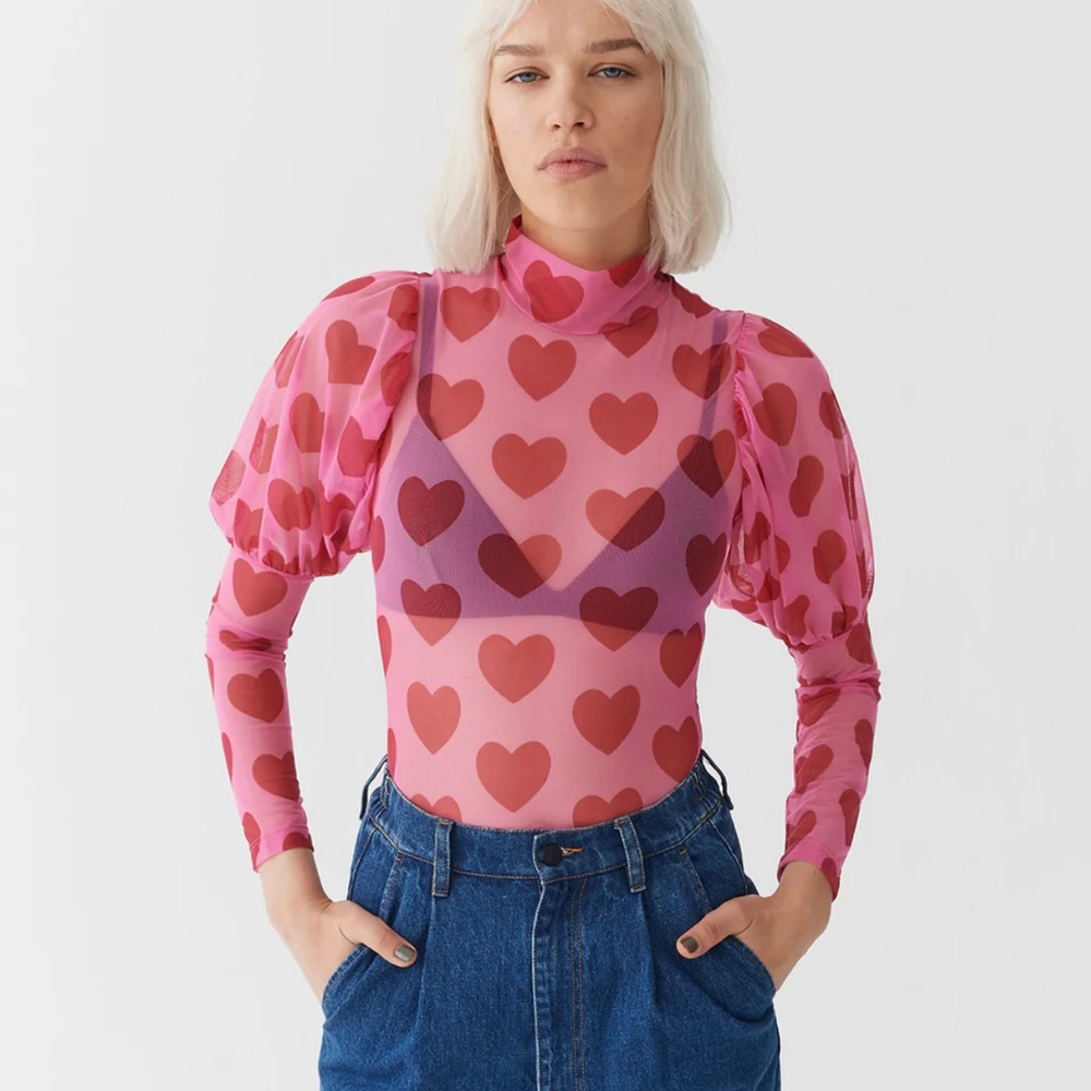 Love me Lazy Oaf pink sheer heart bodysuit